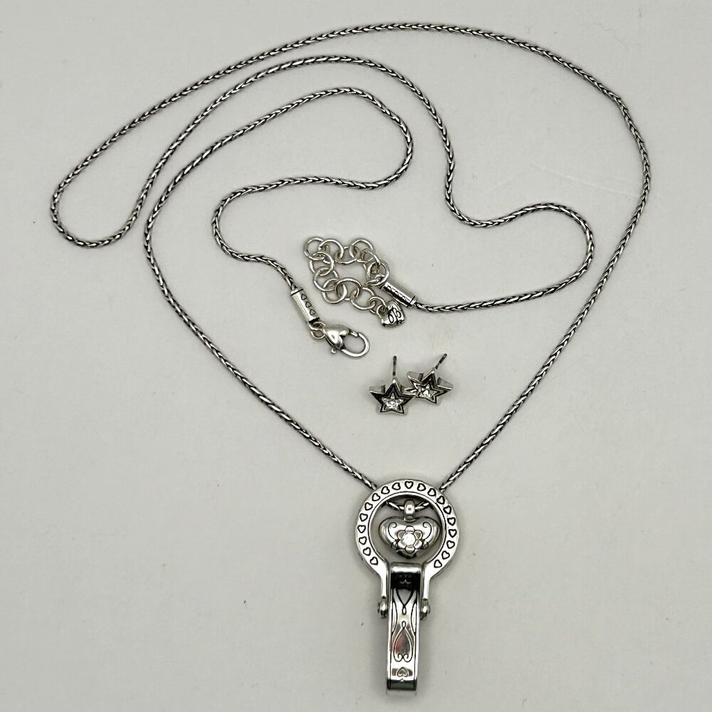 Brighton Heart Pendant Necklace Long Chain Crystal Star Stud Earrings Set